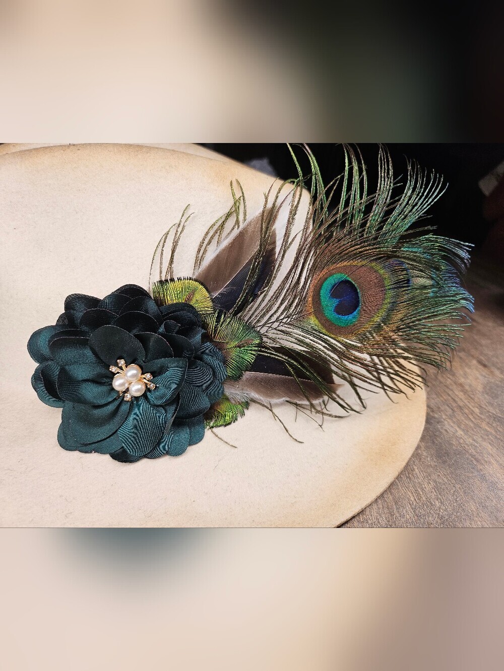 NEW Peacock feather Hat Pin Brooch W/ green satin flower, rhinestones and pearls